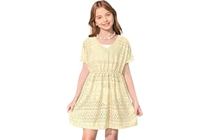 BesserBay Girls Summer Crochet Bat Sleeve Hollow Out Sheer Swimsuit A-line Hem Loose Fit Quickly Dry Coverups 5-14 Years