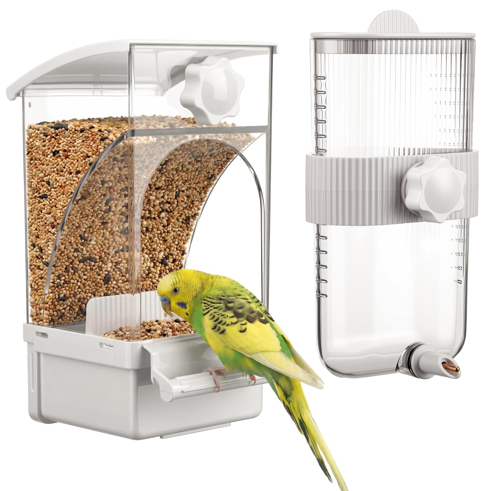 Photo 1 of Novabright No Mess Bird Feeder Water Dispenser Set, Automatic Transparent Bird Food Container and 12 oz Automatic Water Feeder for Small Birds Parrot, Cockatoo, Canary, Cage, Lovebird, Budgies(White)