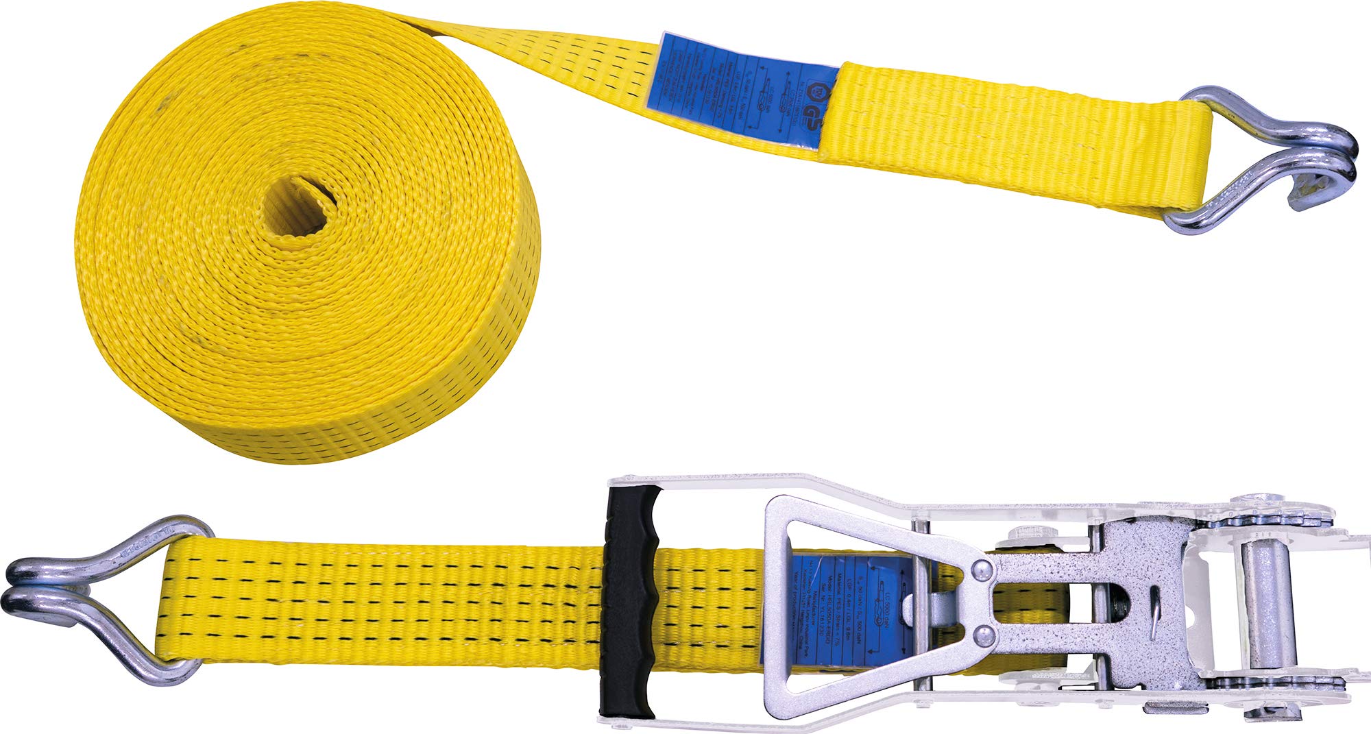PETEX 43193719 Ratchet Tie Down Strap 2-Piece 12 m 50 mm 2500/5000 Dan Double Pointed Hook Ratchet 35 cm Yellow