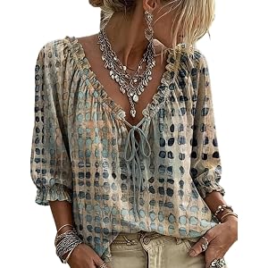 Women's Polka Dot Blouse V Neck Lace Up 3/4 Sleeve Shirt Elegant Casual Flowy Summer Tops Tie Front Ruffle Trim Blouse