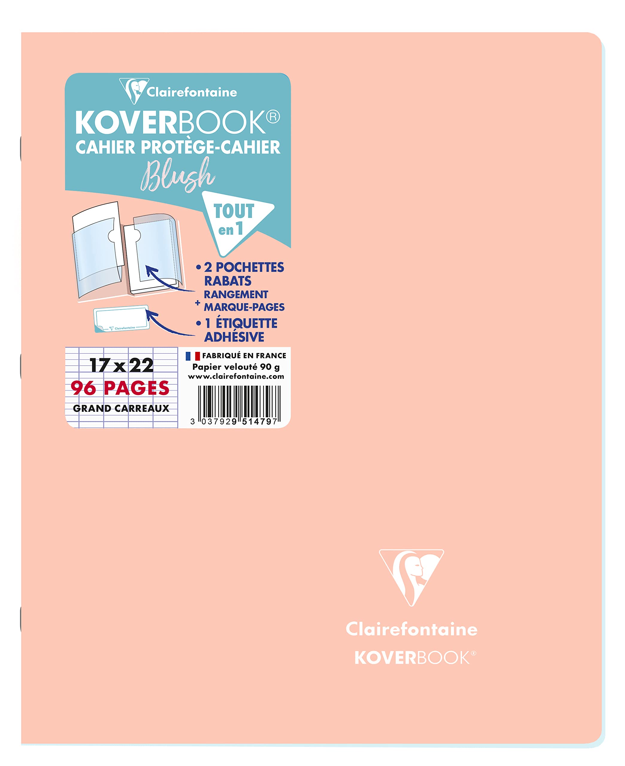 Clairefontaine 951479C - One Stapled Notebook Koverbook Blush Coral - Dimensions: 17x22 cm - 96 Seyes Ruled Pages - White Paper 90 g - Opaque Polypro Cover