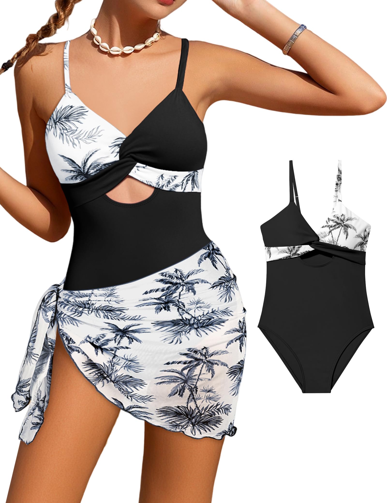 Photo 1 of Girls' Swimwear Girls Bathing Suits Size 14-16 Tropical Twist Cross Swimwear with Cover Up Skirt Black