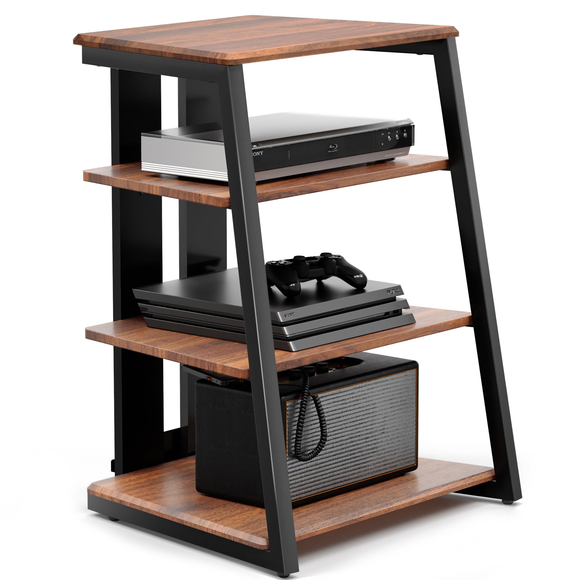 Diseño de fitueyes Estante de esquina AV Media de 4 niveles para reproductor de disco de madera gabinete estereo de audio torre de ataques con estantes de madera ajustables de altura para/manzana TV/Xbox One/PS4 (nogal)