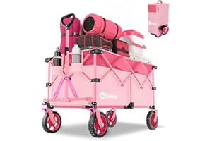 Sekey 220L Collapsible Foldable Wagon with 330lbs Weight Capacity, Heavy Duty Folding Wagon Cart with Big All-Terrain Wheels & Drink Holders (Barbie Pink)