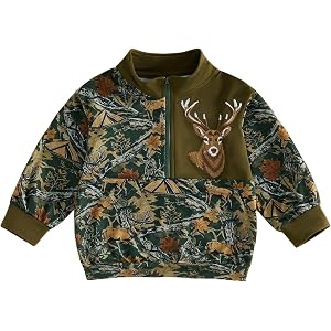 Toddler Baby Boy Hunting Outfits Long Sleeve Sweatshirt Fall Clothes | Little Kids Quarter Zipper Stand Collar Camouflage Top