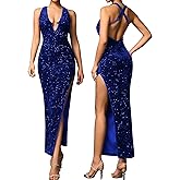 KUTUMAI Women Velvet Sequin Sparkly Maxi Dress Sexy V Neck Split Cocktail Formal Evening Dresses for 2024 Winter
