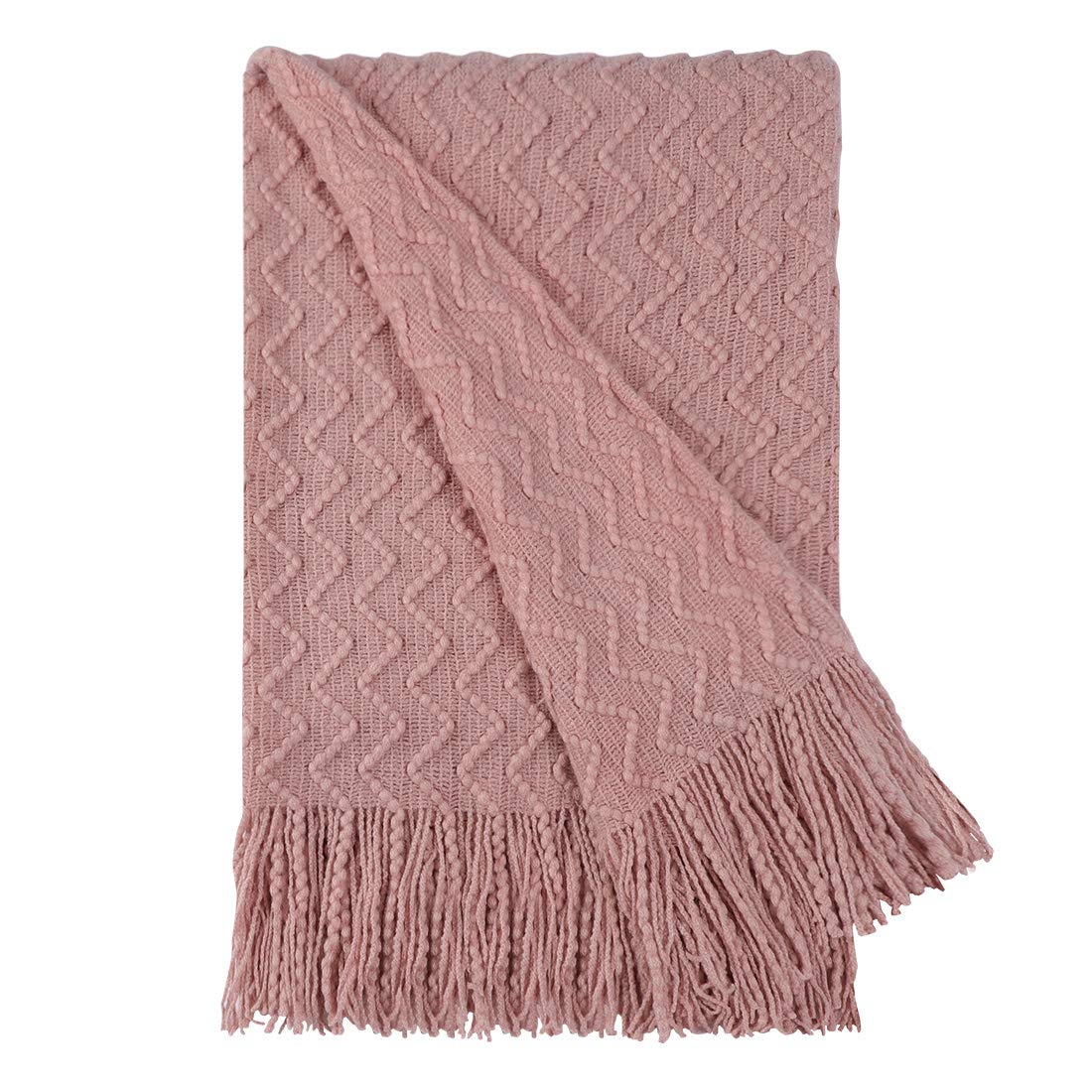 PiccoCasa 100% Acrylic Knit Throw Blanket Wave Pattern Soft Lightweight Decorative Knitted Blanket with Tassels Fringe for Couch, Bed, Sofa, Travel, 50x60 Inch, Pink