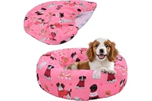 Hoopttay Round Replacement Dog Bed Covers Elastic Edged Washable Pet Bed Protector with Pink Dog Pattern Design for Small & Medium Pet Beds, Cover Only (Pink, 30 x 9.8 Inch)