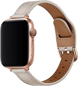 OUHENG Slim Band Compatible with Apple Watch Bands 40mm 38mm 44mm 42mm, Women Thin Genuine Leather Replacement Strap Compatible with iWatch SE Series 6/5/4/3/2/1 (Ivory White/Rose Gold, 40mm 38mm)