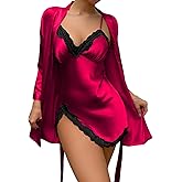 SEAUR Women's Satin Robe Set 2 Piece Silk Pajamas Sets Lace Cami Nightgown with Kimono Robes Nightwear