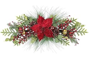 U'Artlines 26 Inch Christmas Swag for Front Door, Artificial Decorative Xmas Greenery Swags with Red Berries Pine Cones Poinsettias Flower for Christmas Holiday Home Window Wall Decor
