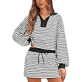 Women's Striped 2 Piece Set for women Sweatshirt Mini Skirt Sets Tennis Workout Tracksuit Matching Lounge Outfits