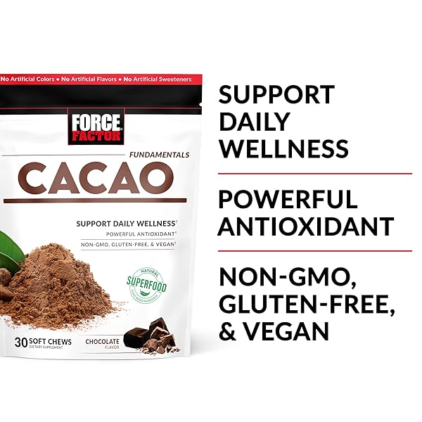 FORCE FACTOR CACAO SOFT CHEWS TO BOOST ENERGY AND IMMUNITY, POWERFUL SUPERFOOD AND ANTIOXIDANTS SUPPLEMENT MADE WITH PREMIUM CACAO, NON-GMO, GLUTEN-FREE, AND VEGAN, CHOCOLATE FLAVOR, 30 SOFT CHEWS