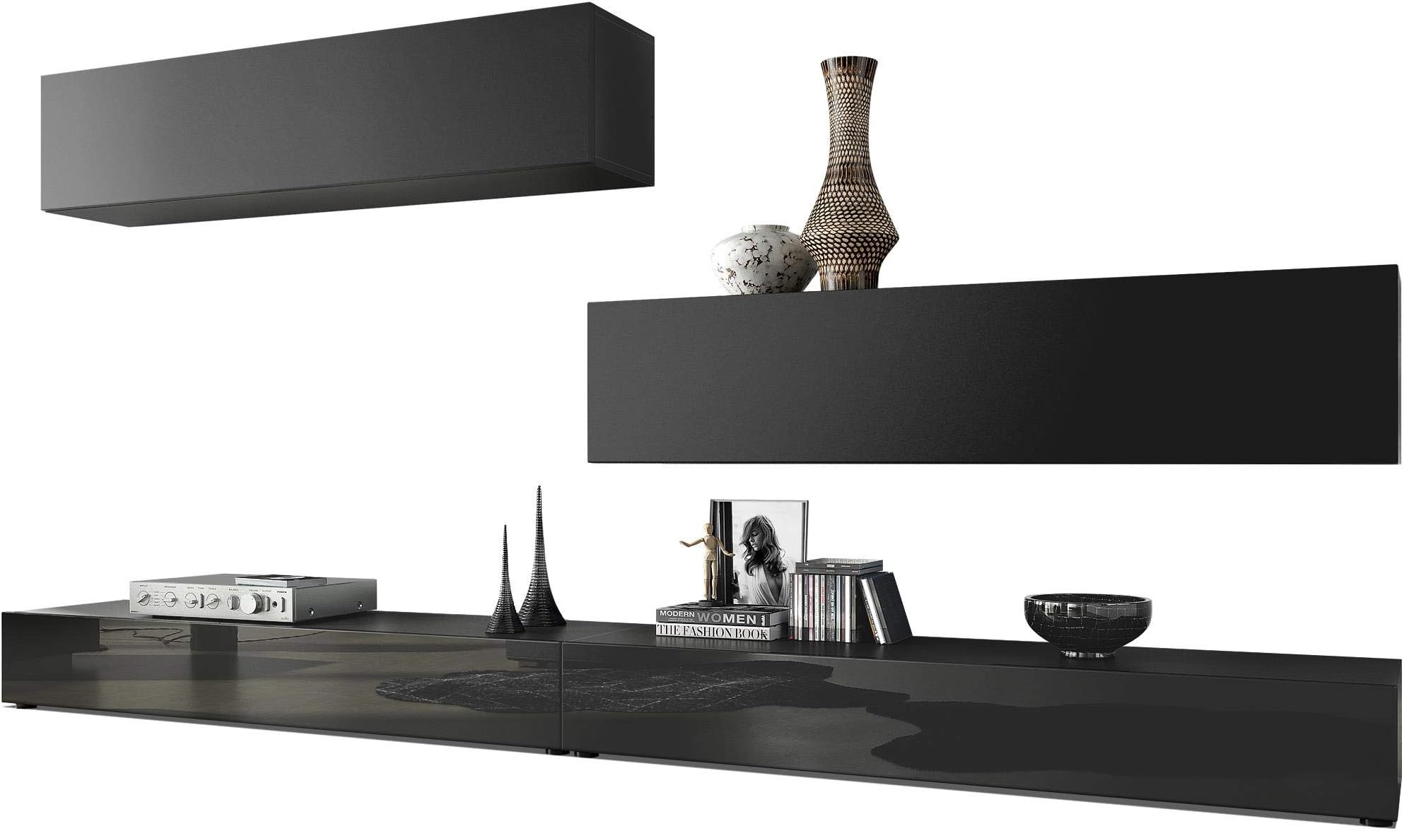 Vladon Wall Unit TV Stand Nublo, Carcass in Black matt/Fronts in Black High Gloss and Black matt