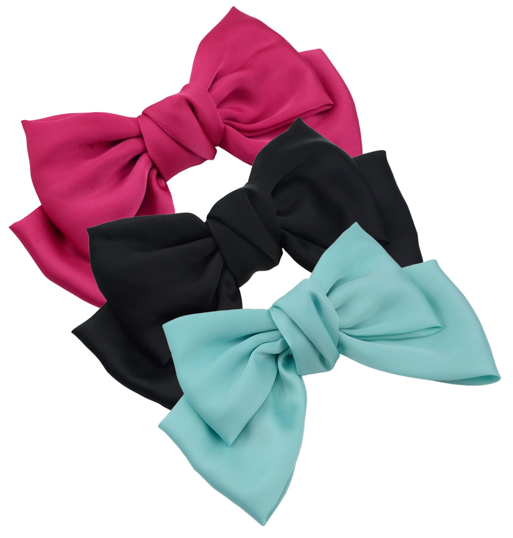 3-Pack Fashion Double-Deck Chiffon Large Solid Color Bowknot Hair Clip Women Girls Bow Clip Accessories HC2175 (Black Roseo and Light Blue)