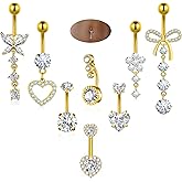 BSJ4U 8Pcs Gold Pink Silver Belly Button Ring Dangle Navel Belly Piercing Jewelry Cute CZ Butterfly Heart Flower Bow Navel Belly Rings for Women 14G Hypoallergenic Surgical Stainless Steel Dainty Dangling Dangly Belly Button Piercing Pack
