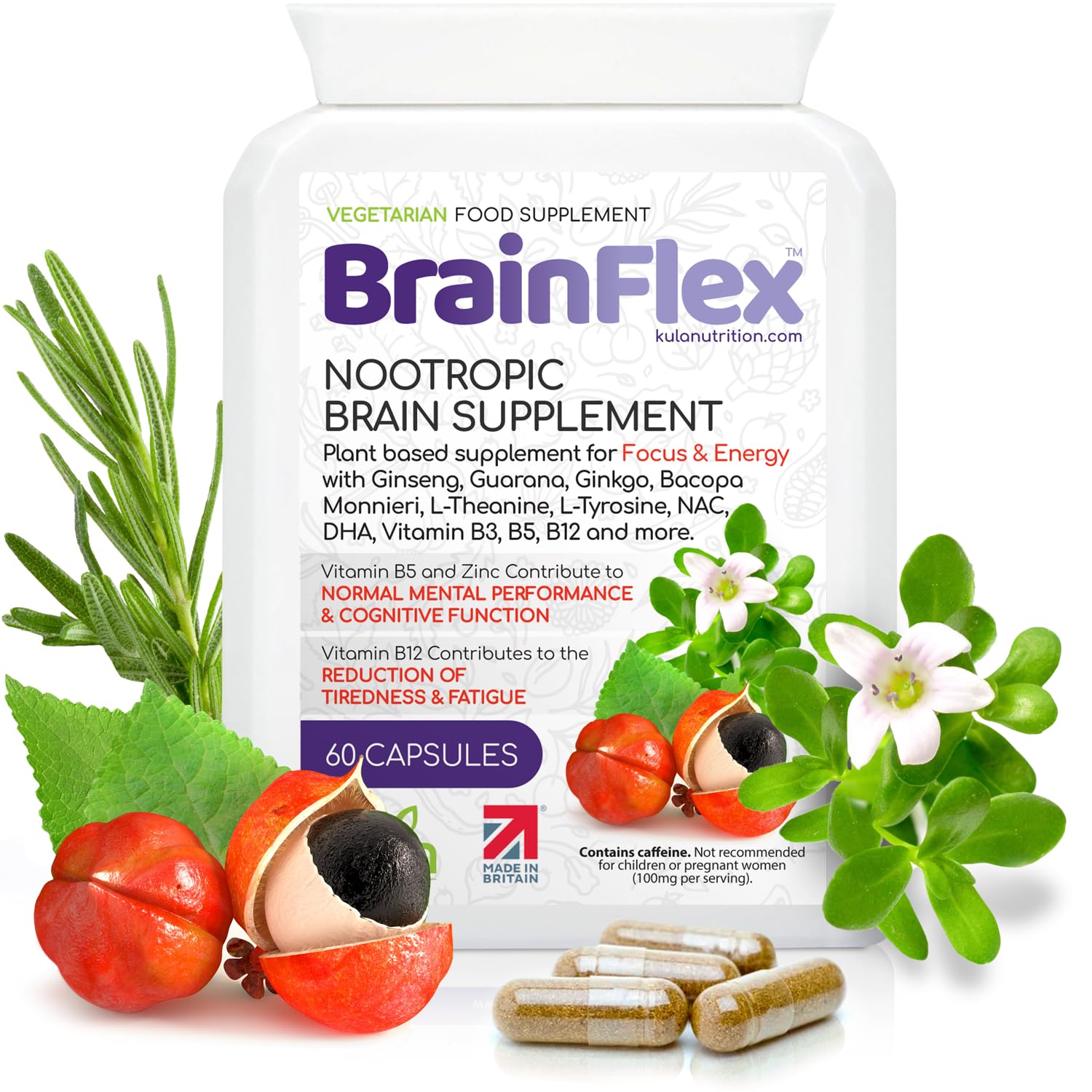 BrainFlex - Nootropic Brain Supplement Stack with Ginseng, Ginkgo, Bacopa Monnieri, L-Theanine, NAC, DHA Plus Vitamins B3, B5, B12 and Zinc for Mental Performance and Cognitive Function - 60 Capsules