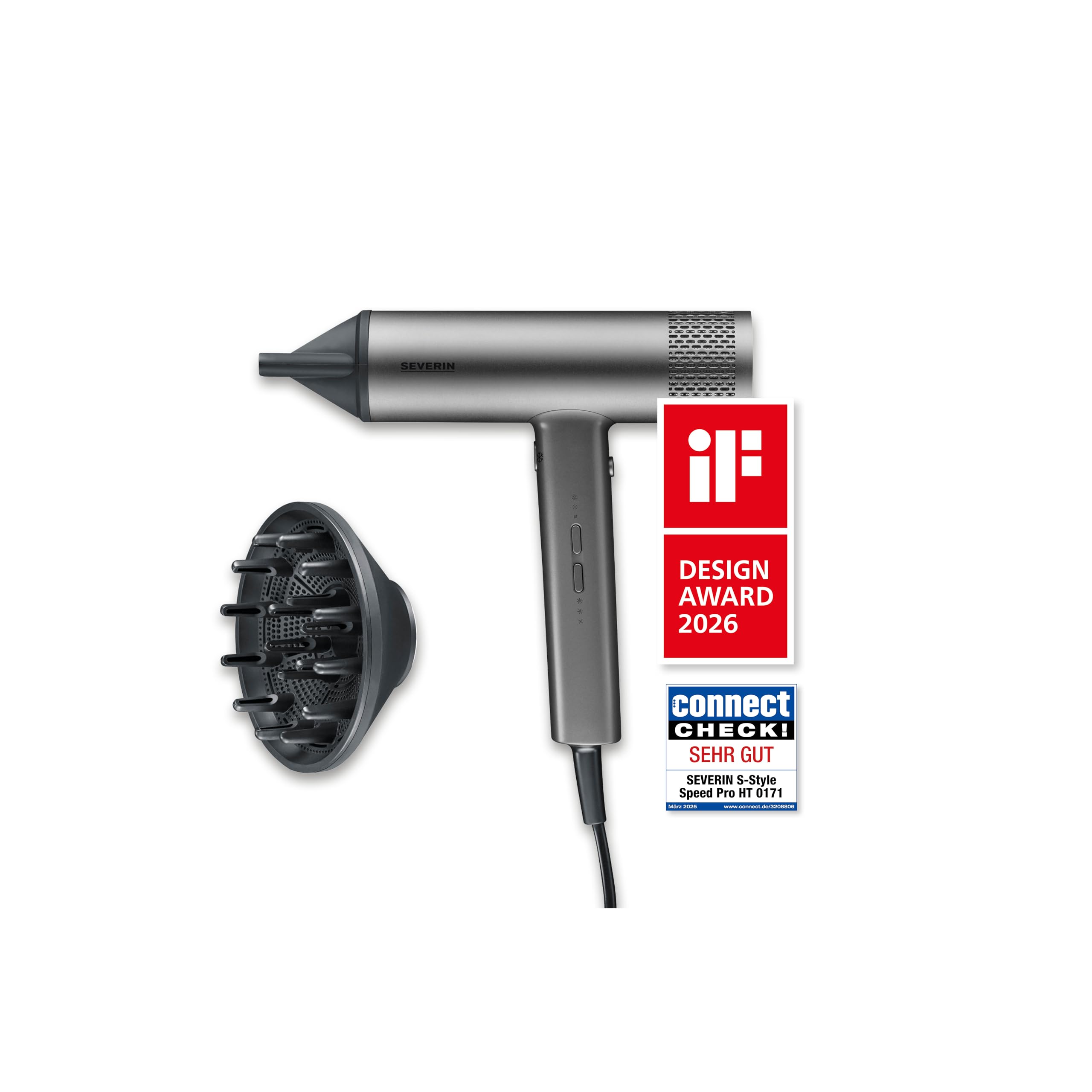 SEVERIN Ionen Haartrockner inkl. Diffusor und Konzentrator, leistungsstarker Föhn und langlebiger Haar Trockner, effizienter BLDC-Motor, Ionic-Technologie, 2.000 W, anthrazit, HT 0171
