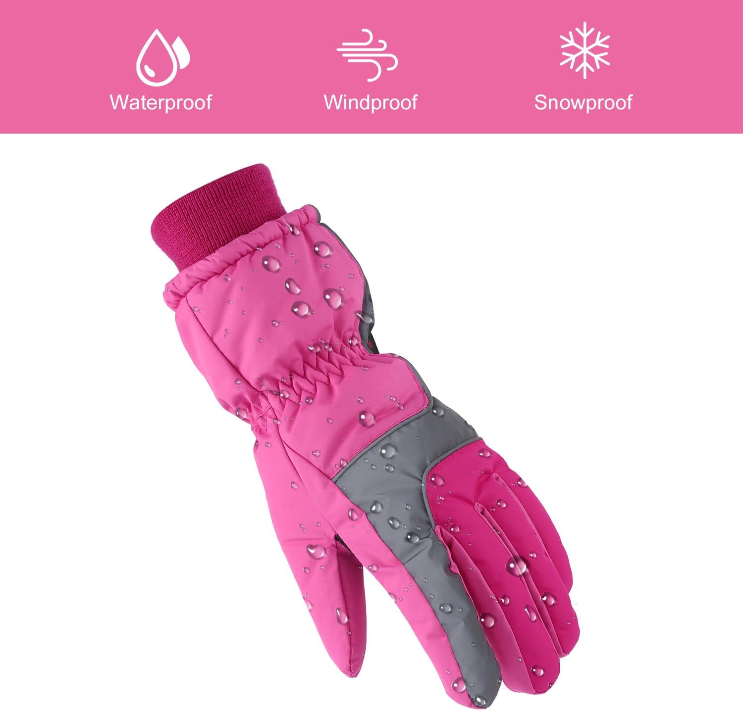 Women's Waterproof Pink Ski Gloves for Skiing, Snowboarding，Cycling and Other Winter Sports Glove with Windproof Thermal Shell & Synthetic Leather Palm