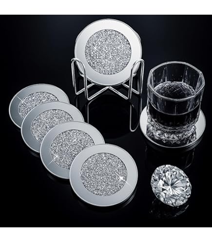 ULTECHNOVO Juego De 4 Posavasos De Vidrio Con Rhinestones – Resistentes Al Calor Y Al Rayado – Plataforma Plateada Para Tazas De Té Y Café