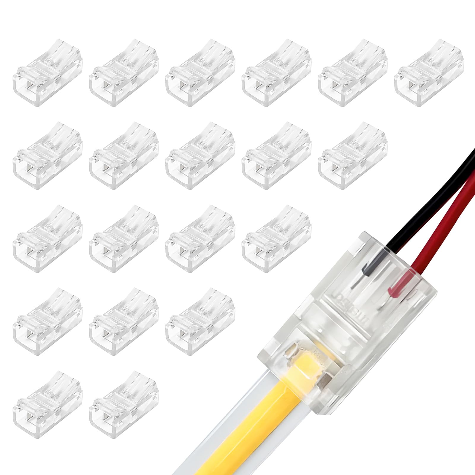 Chihutown 20 Pcs 2 Pin 8mm LED Strip Connectors, Transparent Solderless COB Lighting Adapter, Gapless Strip to Wire Quick Connectors, Extension Terminal for LED COB Strip Lights