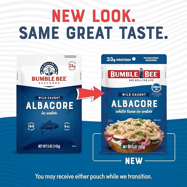 BUMBLE BEE CHUNK WHITE ALBACORE TUNA IN WATER, 5 OZ POUCH – READY TO EAT WILD CAUGHT TUNA PACKET – 33G PROTEIN PER POUCH, HIGH IN OMEGA-3S – NON-GMO, GLUTEN FREE, KOSHER