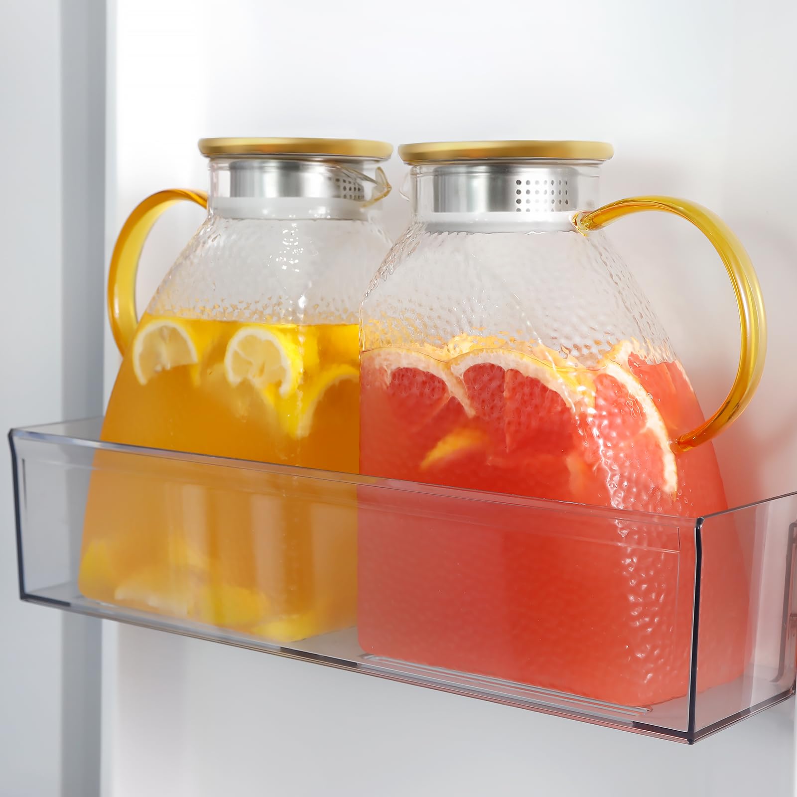 WARMSIMPLE 2 Pack Glass Pitcher With Handle And Lid, Large 2 Liter Glass Water Pitcher For Fridge, 68oz glass Tea pitcher Hot And Cold Iced Juice Coffee Milk, Jug Carafe For Beverages Drink Image