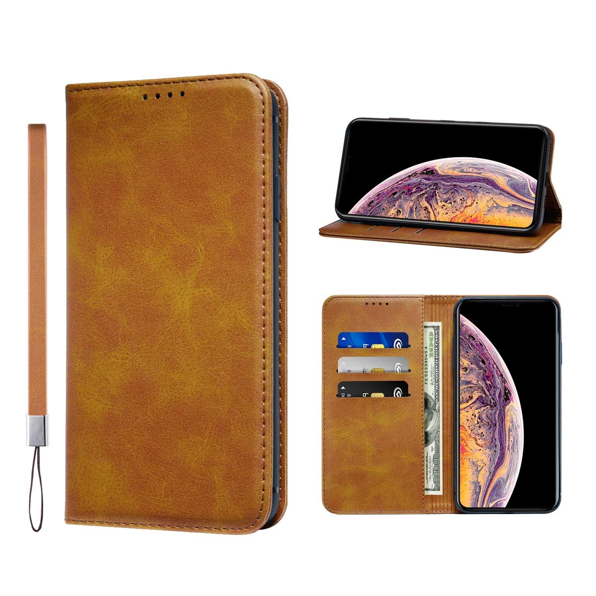 Huping iPhone XS Max Case, Wallet Case Card Holder [with wrist strap] Leather Shockproof Flip Cover For iPhone XS Max - Light brown