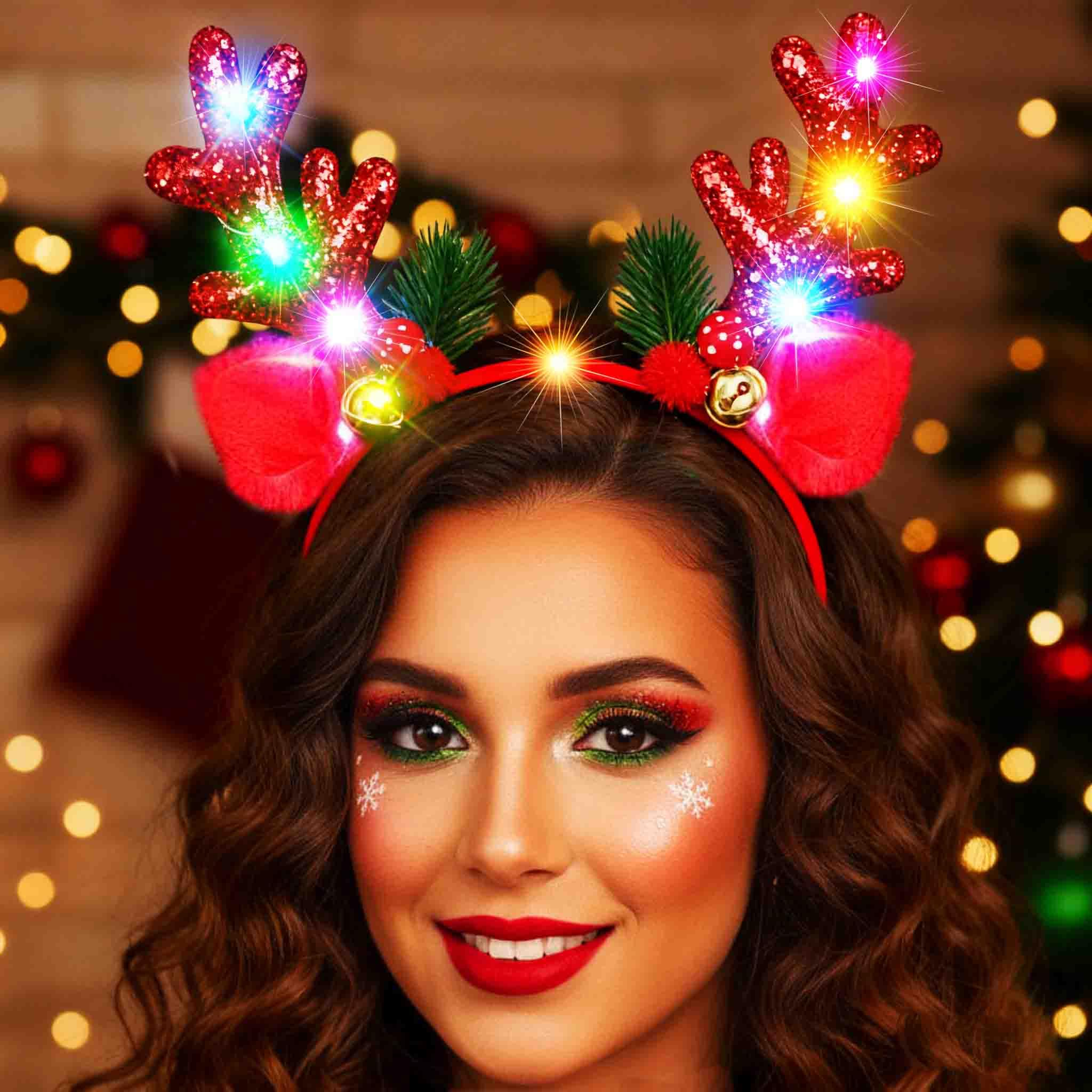 Fashband Christmas Headbands Light Up Deer Antlers Headband LED Glitter Reindeer Antlers Xmas Headpiece Holiday Hair Accessories for Women(Red)