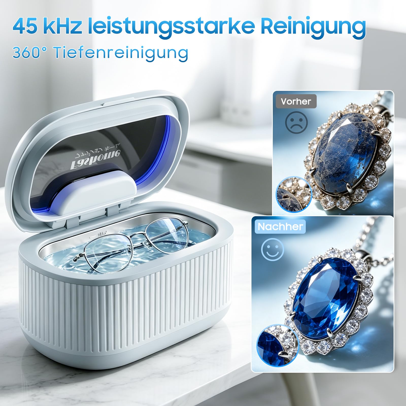 Fashome Ultraschallreiniger mit 2×100 ml Reinigungsflüssigkeit, 45 kHz 3 Modi, 550 ml Edelstahltank, für Schmuck, Brillen, Uhren & Zahnersatz, Reinigungskorb & Uhrenhalterung – mit Geschenkbox 2