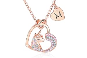 FLNEOO Unicorn Gifts for Little Girls Jewelry - 14K Gold Plated Unicorn Necklace With Initial Personalized Gifts for Preteen Girls Heart CZ Pendant Hypoallergenic Unicorns Jewelry Birthday Gifts for Girls