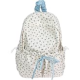 Cute Aesthetic Bow Backpack for Women Kawaii Floral Print Preppy College Book Bag Trendy Coquette Laptop Daypack (Blue)