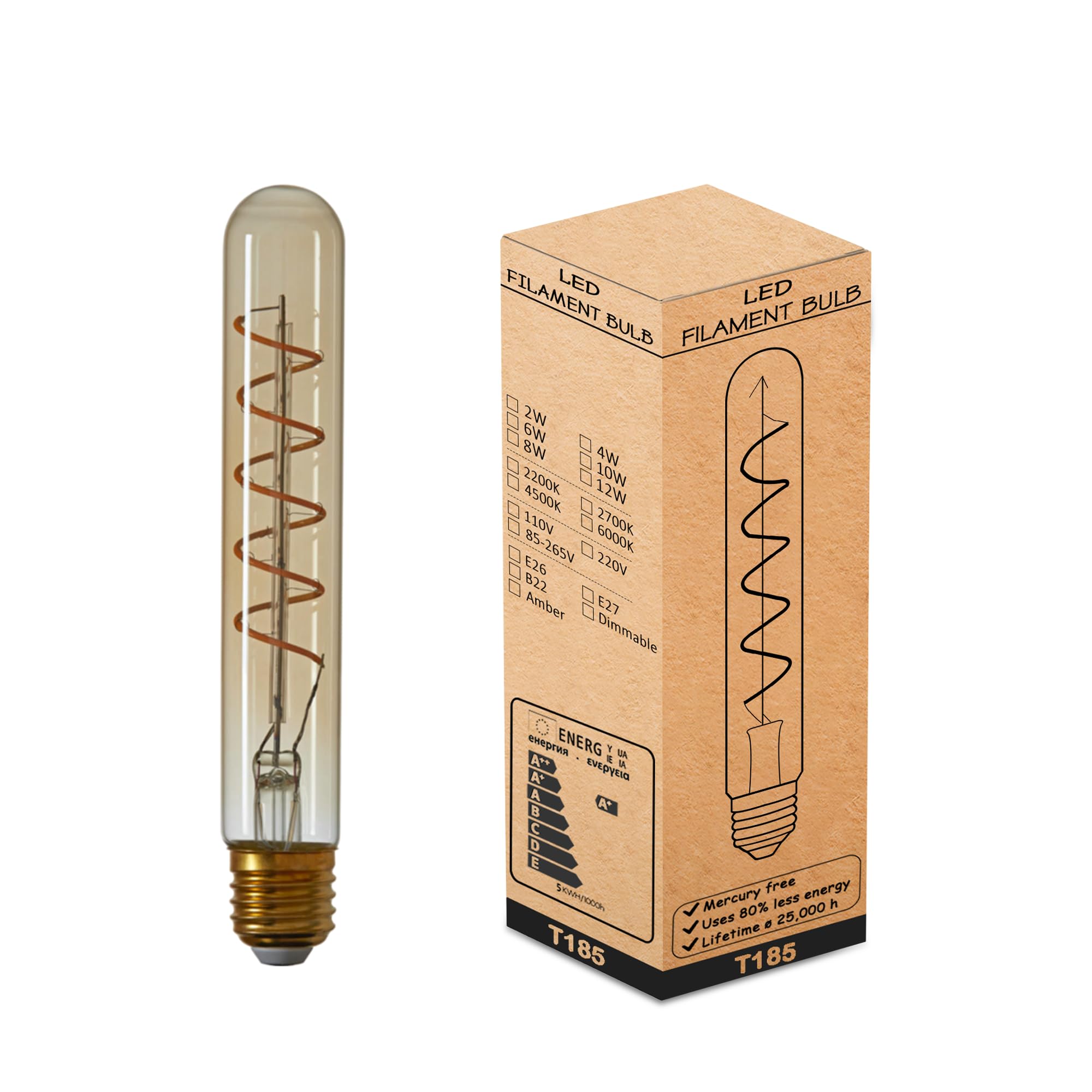 Vintage Edison LED Light Bulb 4W, E27 Screw Bulb Retro Old Fashioned LED Spiral (T185),Packaging May Vary