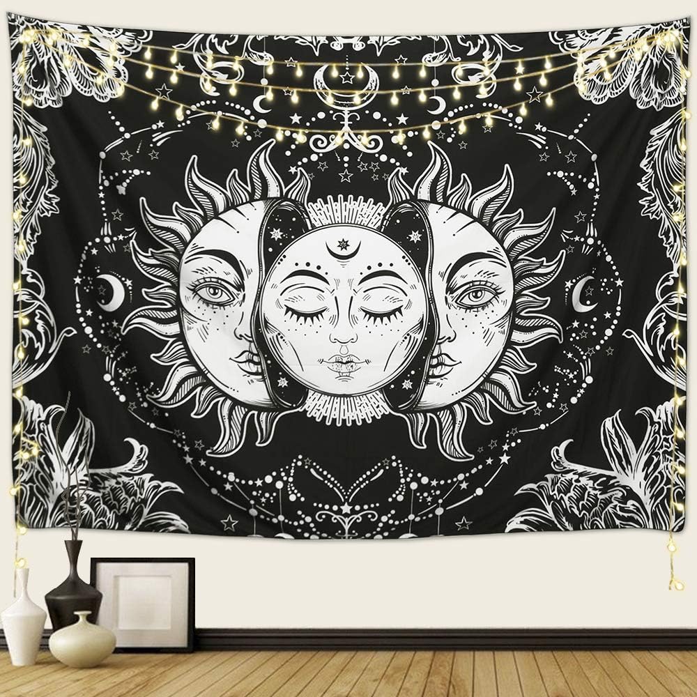 Tapestries - ARFBEAR Sun and Moon Tapestry, Sun with Stars Psychedelic Popular Mystic Wall Hanging Tapestry for bedroom aesthetic Black and White Beach Blanket (medium-59 x 51 in)