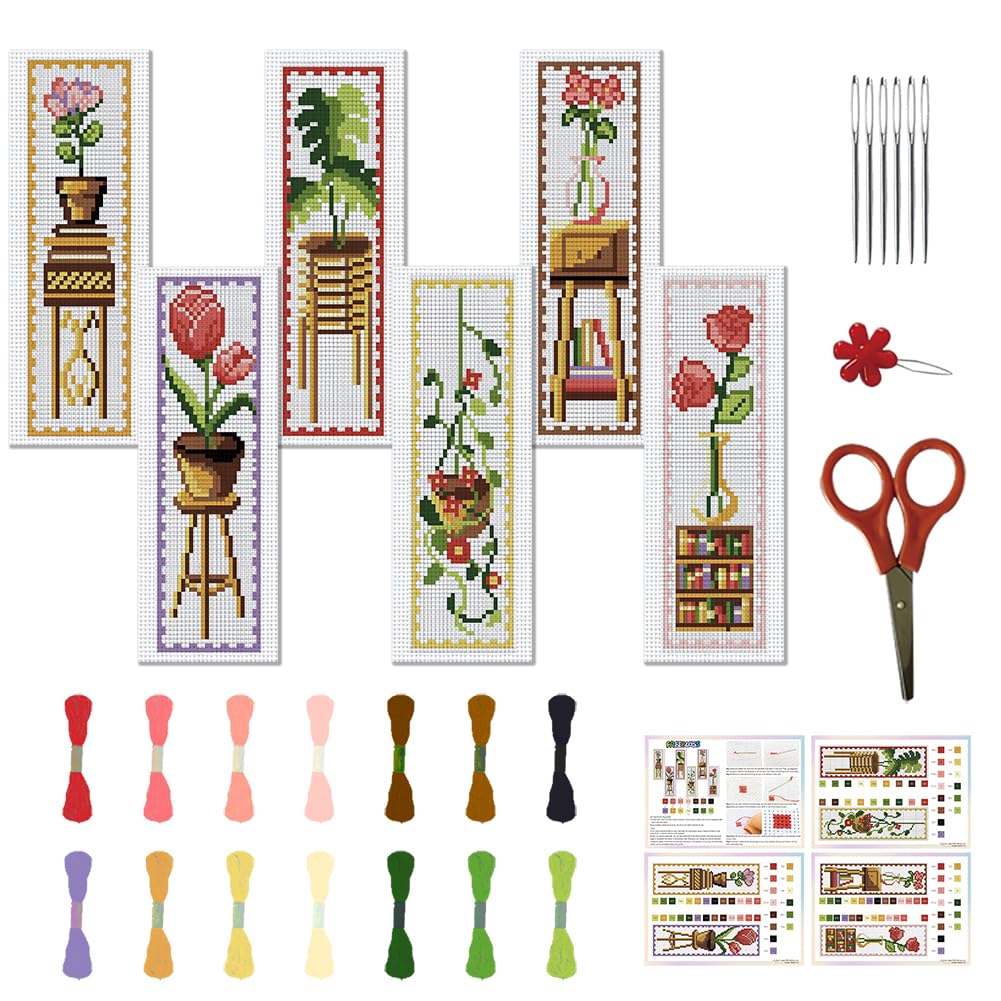 FREEBLOSS 22 * 8cm 6 Set Potted Plant Cross Stitch Bookmark Kits Cross Stitch Patterns DIY Bookmarks Cross Stitch Kits Stamped Embroidery Bookmarks Kit Counted Cross Stitch Kits for Beginners