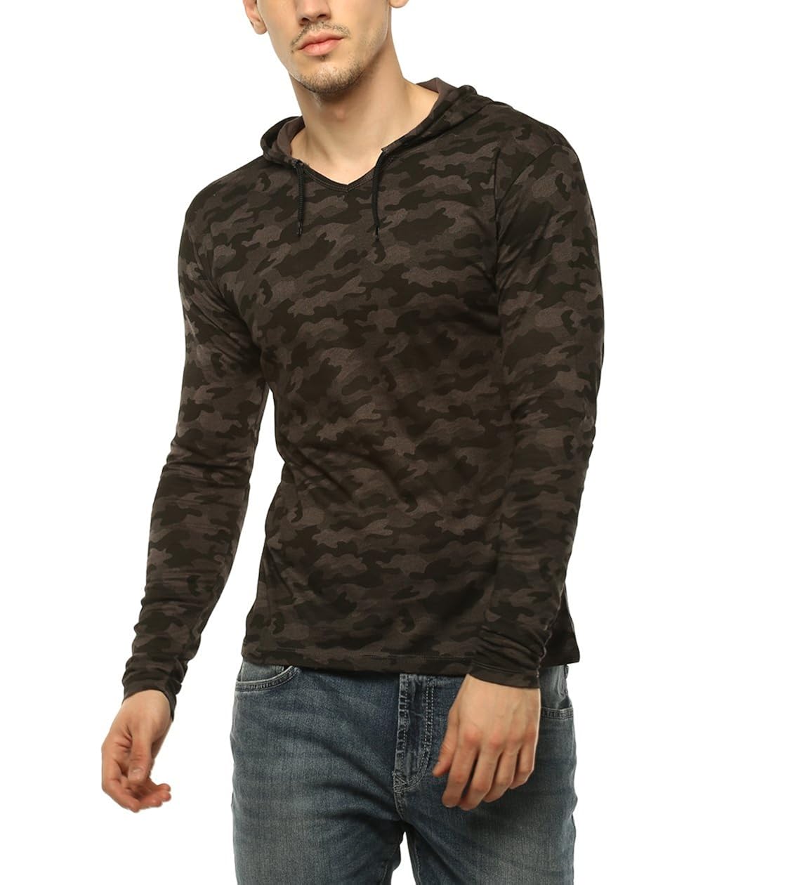 urbano fashion men's military camouflage dark grey hooded full sleeve cotton t-shirt