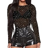 Women's Mesh Tops Sheer Long Sleeve Tee Shirts Bodycon See Through Blouse Clubwear