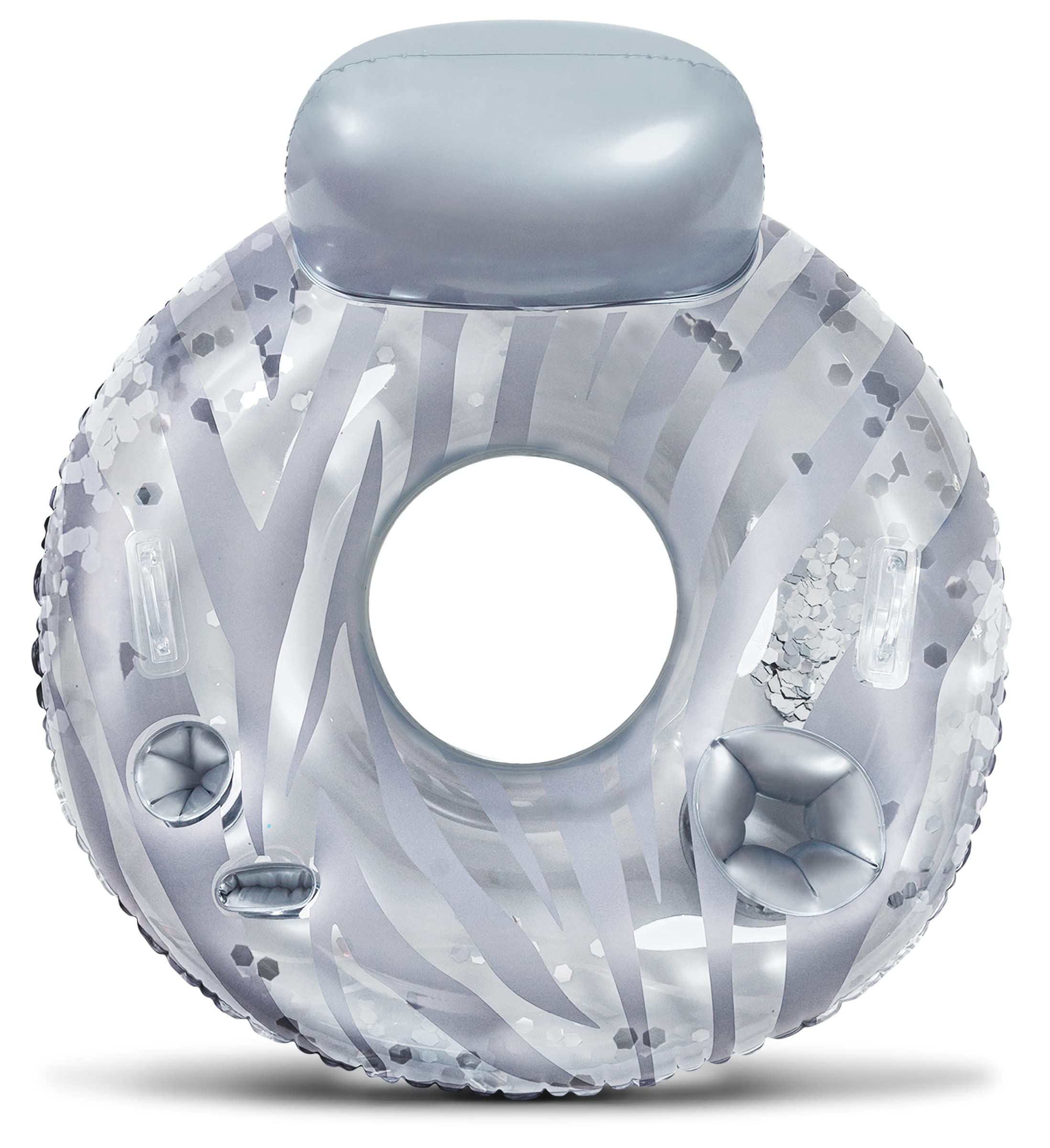 Photo 1 of POZA Silver Inflatable Luxury Tube with Back Rest - Big Luxurious Lounger Pool Float Tube Filled with Sparkle Confetti, Built in Phone Holder, Cup Holders, and Handles, Premium Thick Ring - 42 Inches