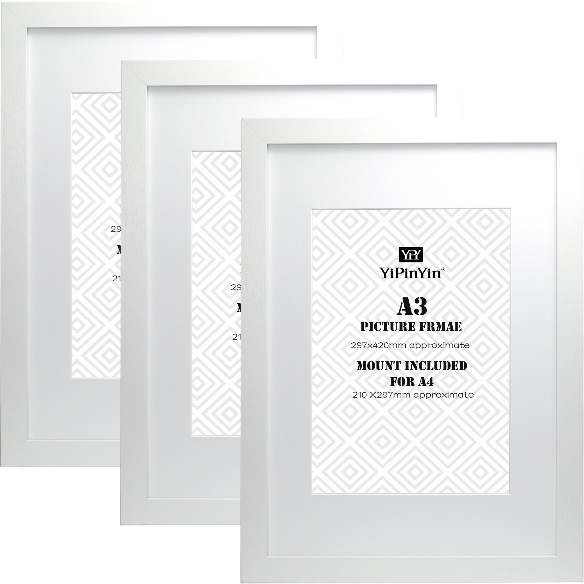 A3 White Photo Frames With Mount for A4 Set Of 3, A4 Garllery Picture Frames,A4stylish picture frames, A3 Poster Frame with a delicate Wooden grain texture For Wallmounted