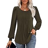 Long Sleeve Shirts For Women Fall Fashion 2025 Womens Tunic Tops Pleated Crew Neck Puff Sleeve Blouses Dressy Casual