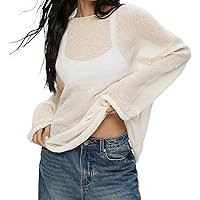 トップス andequal wave design sheer knit Women Long Sleeve Sheer Mesh Knit Sweater Pullover Tops