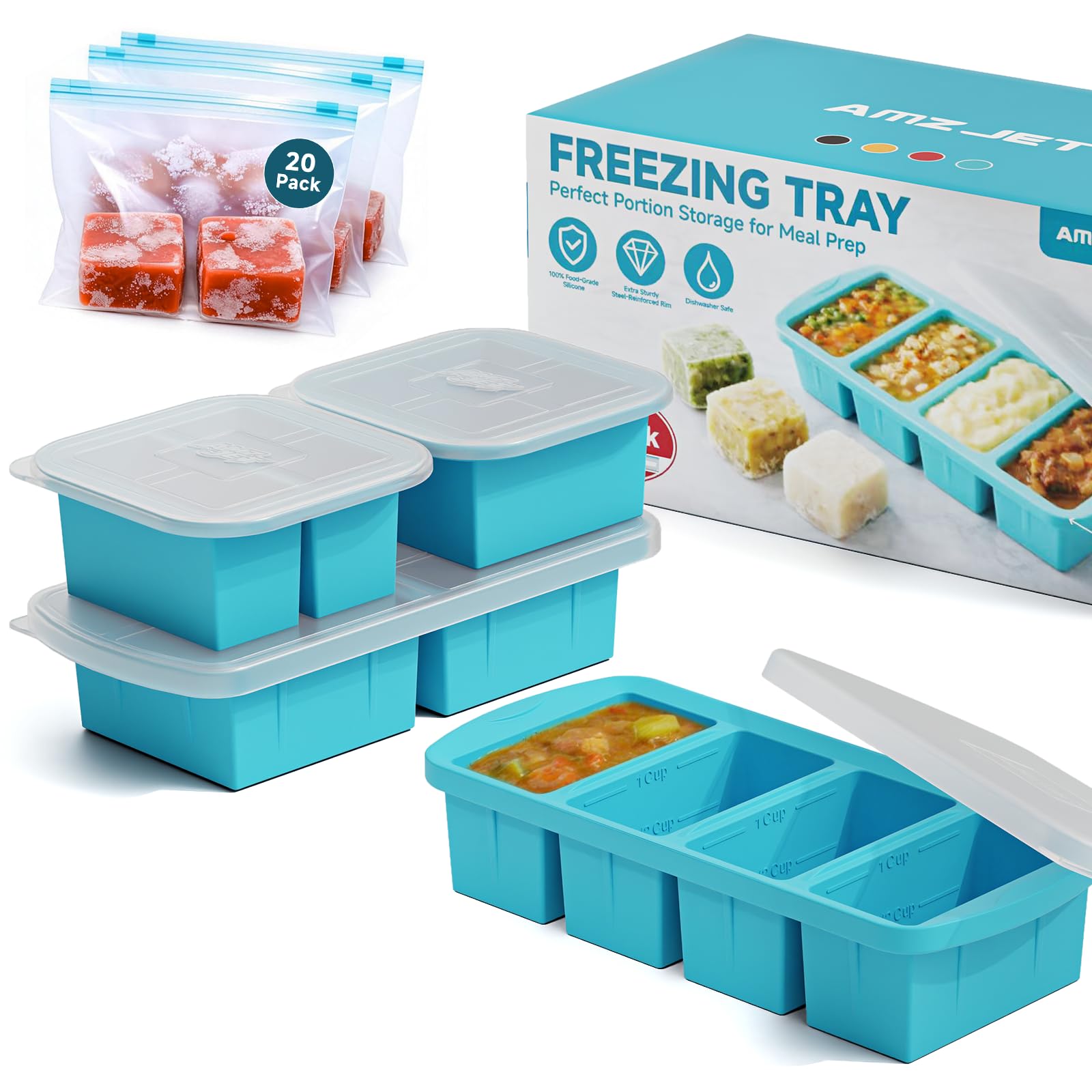 Photo 1 of 4-Pack Silicone Freezer Trays with Lid & 20 Bags - Multi-Size 1-Cup & 2-Cup Portions, Food-Grade Silicone Freezer Molds for Soup & Meal Prep - Freezer Storage Containers, Oven & Dishwasher Safe - Blue