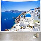 Loccor Greece Santorini Island Tapestry Greek Oia Village Blue Coastline Tapestry 105Wx70H Inches Europe Landmark Wall Hangin
