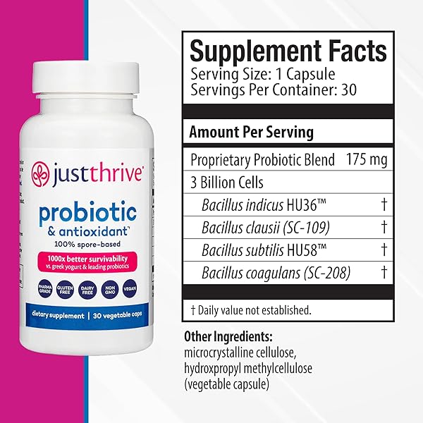JUST THRIVE PROBIOTIC & ANTIOXIDANT SUPPLEMENT – 100% SPORE-BASED DIGESTIVE AND IMMUNE SUPPORT – GLUTEN FREE, 30 CAPS