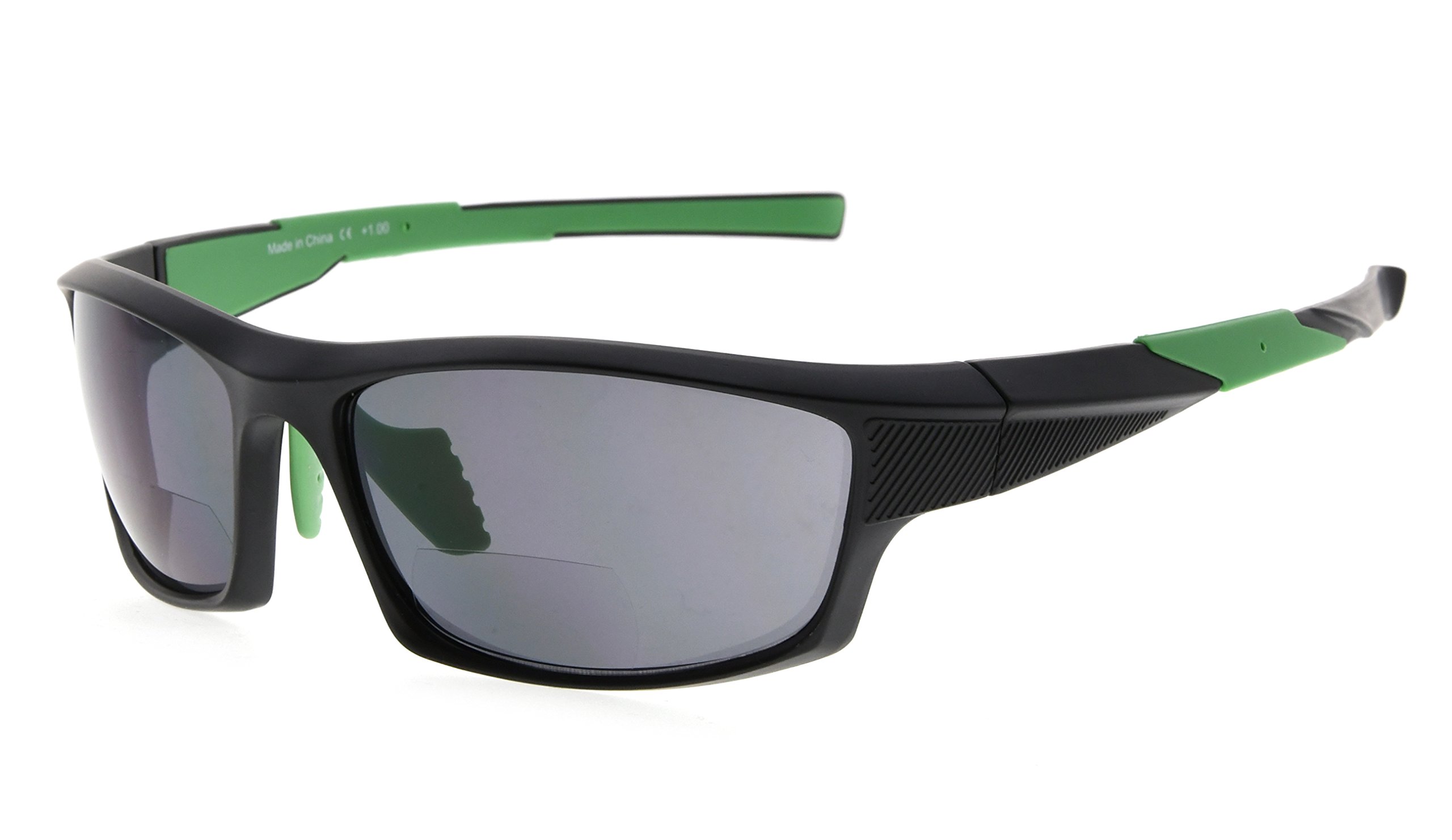 Eyekepper TR90 Sports Bifocal Sunglasses Baseball Running Fishing Driving Golf Softball Hiking Readers (Black Frame Green Temple, 2.00)