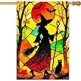 BlissYard Halloween House Flag 28 x 40 Inch Double Sided Garden Flag Witch Cat and Red Moon Forest for Halloween Yard Banner Porch Outdoor Decor Holiday House Flag