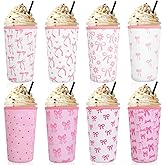 SiliFine 8 Pcs Reusable Sleeves for Iced Coffee Cup Pink Bow Cup Coolie Coquette Bow Reusable Coffee Insulator Sleeves Neoprene Insulated Holder for Iced & Hot Drinks, 22-24 oz