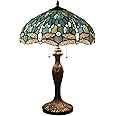 WERFACTORY Tiffany Lamp Sea Blue Stained Glass Bedside Table Lamp Dragonfly Style Desk Reading Light Metal Base 16X16X24 Inches Decor Bedroom Living Room Home Office S147 Series