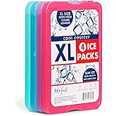 Cool Coolers by Fit & Fresh 4 Pack XL Slim Ice Packs, Quick Freeze Space Saving Reusable Ice Packs for Lunch Boxes or Coolers, Multi