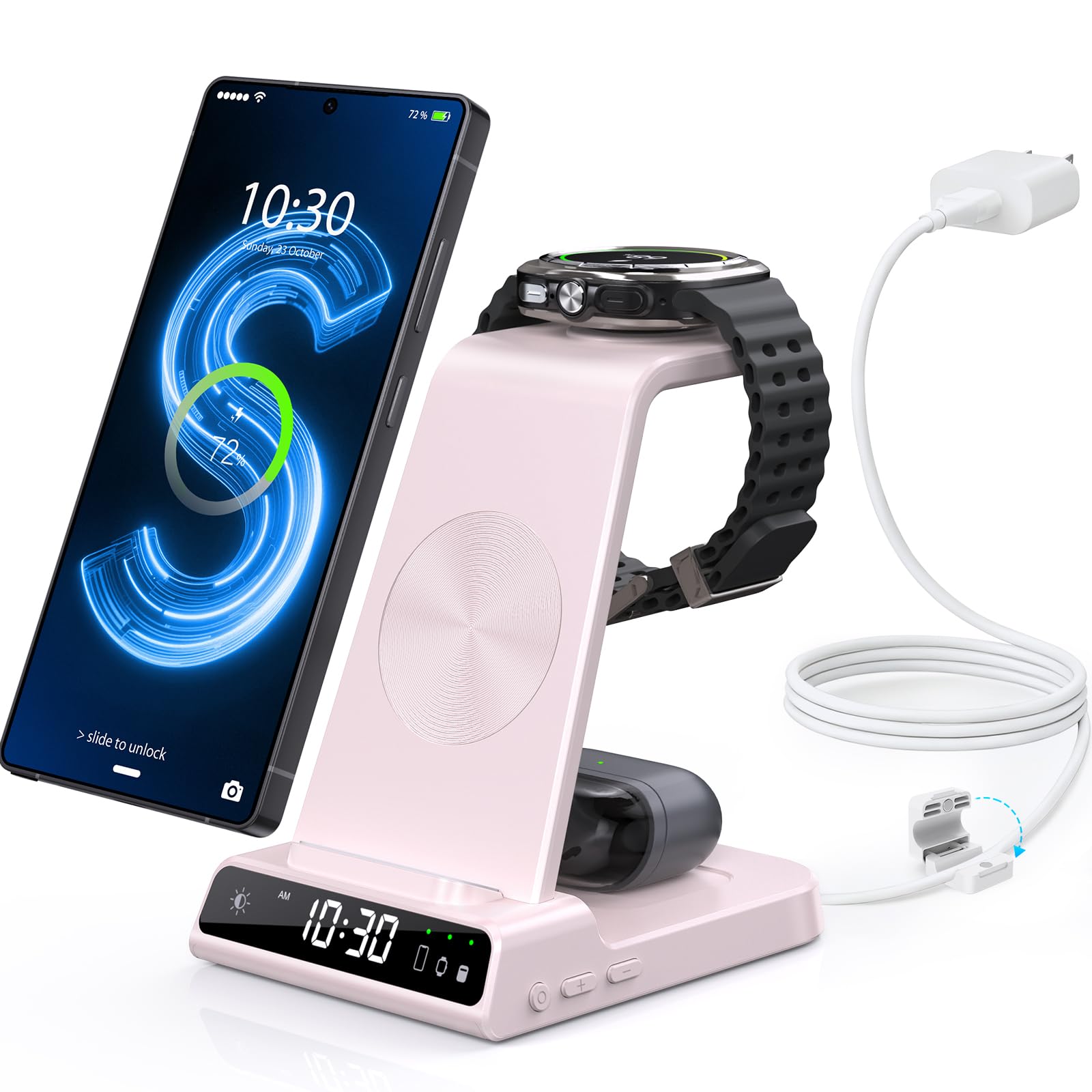 Wireless Charger for Samsung Charging Station with Clock for Samsung Galaxy S25 Ultra/S24 Ultra/Z Flip 7/Z Fold 6/Galaxy Bud, 3 in 1 Charger Station Watch Charger for Galaxy Watch 8/7/6/5Pro(Pink)